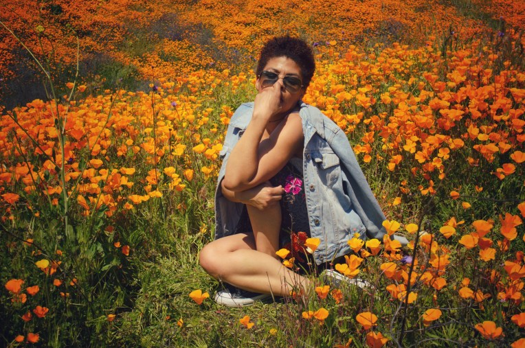 Girl sitting in the middle of a poppy field walker canyon lake elsinore LaVonne Grady photography